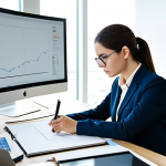 A focused professional female graphic designer, in a modest business suit, seated thoughtfully at a large, modern desk. She is meticulously working on a sleek user interface design displayed on a high-resolution monitor. Her hands, well-formed with proper finger count, are poised over a digital pen and a sketchbook, illustrating the strategic and creative process of design. The office background is clean, contemporary, and well-lit. Fully clothed, appropriate attire, professional dress, perfect anatomy, correct proportions, natural pose, safe for work, appropriate content, professional, high quality, conceptual art, modern aesthetic.