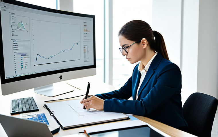 A focused professional female graphic designer, in a modest business suit, seated thoughtfully at a large, modern desk. She is meticulously working on a sleek user interface design displayed on a high-resolution monitor. Her hands, well-formed with proper finger count, are poised over a digital pen and a sketchbook, illustrating the strategic and creative process of design. The office background is clean, contemporary, and well-lit. Fully clothed, appropriate attire, professional dress, perfect anatomy, correct proportions, natural pose, safe for work, appropriate content, professional, high quality, conceptual art, modern aesthetic.