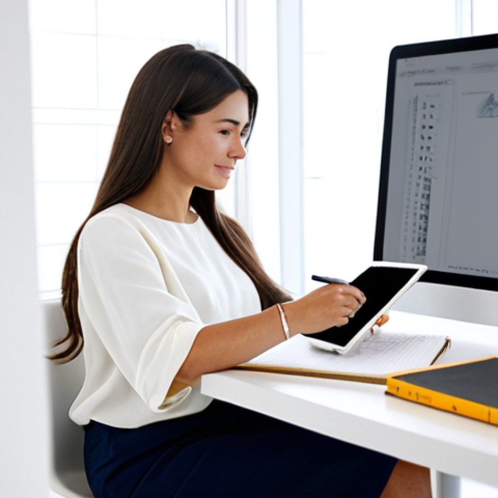 A professional female designer and blogger, fully clothed in a modest business casual outfit, actively engaged in creative work. She is seated at a clean, minimalist desk in a bright, modern design studio, holding a stylish digital tablet in one hand while making notes in a physical sketchbook. The scene emphasizes a blend of traditional and digital content creation processes. The environment is organized and inspiring. Safe for work, appropriate content, fully clothed, professional, modest, family-friendly, perfect anatomy, correct proportions, natural pose, well-formed hands, proper finger count, natural body proportions, high-quality professional photography, detailed, realistic, sharp focus.