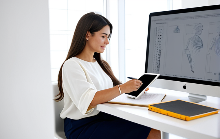 A professional female designer and blogger, fully clothed in a modest business casual outfit, actively engaged in creative work. She is seated at a clean, minimalist desk in a bright, modern design studio, holding a stylish digital tablet in one hand while making notes in a physical sketchbook. The scene emphasizes a blend of traditional and digital content creation processes. The environment is organized and inspiring. Safe for work, appropriate content, fully clothed, professional, modest, family-friendly, perfect anatomy, correct proportions, natural pose, well-formed hands, proper finger count, natural body proportions, high-quality professional photography, detailed, realistic, sharp focus.