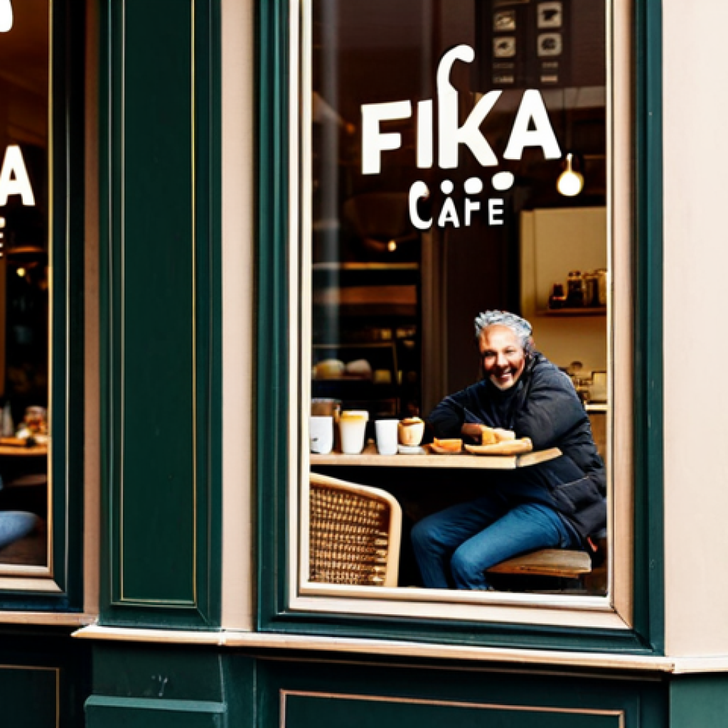 Cozy Café Branding**

"A warm and inviting photograph of a local Stockholm café's branding. Focus on the earthy color palette used in their logo, signage, and takeaway cups. The café has a friendly, community-focused vibe. Natural light streams through the window. Fully clothed customers are enjoying 'fika'. Safe for work, appropriate content, professional, modest, perfect anatomy, natural proportions, high quality."

**