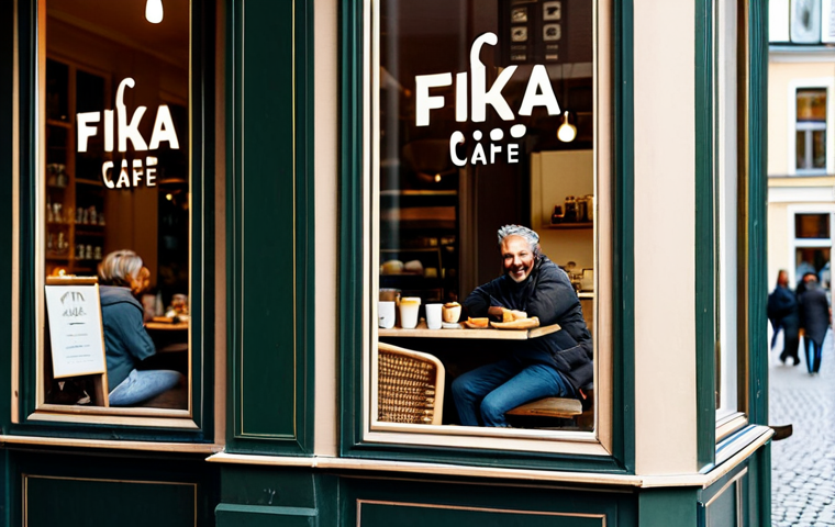 Cozy Café Branding**

"A warm and inviting photograph of a local Stockholm café's branding. Focus on the earthy color palette used in their logo, signage, and takeaway cups. The café has a friendly, community-focused vibe. Natural light streams through the window. Fully clothed customers are enjoying 'fika'. Safe for work, appropriate content, professional, modest, perfect anatomy, natural proportions, high quality."

**