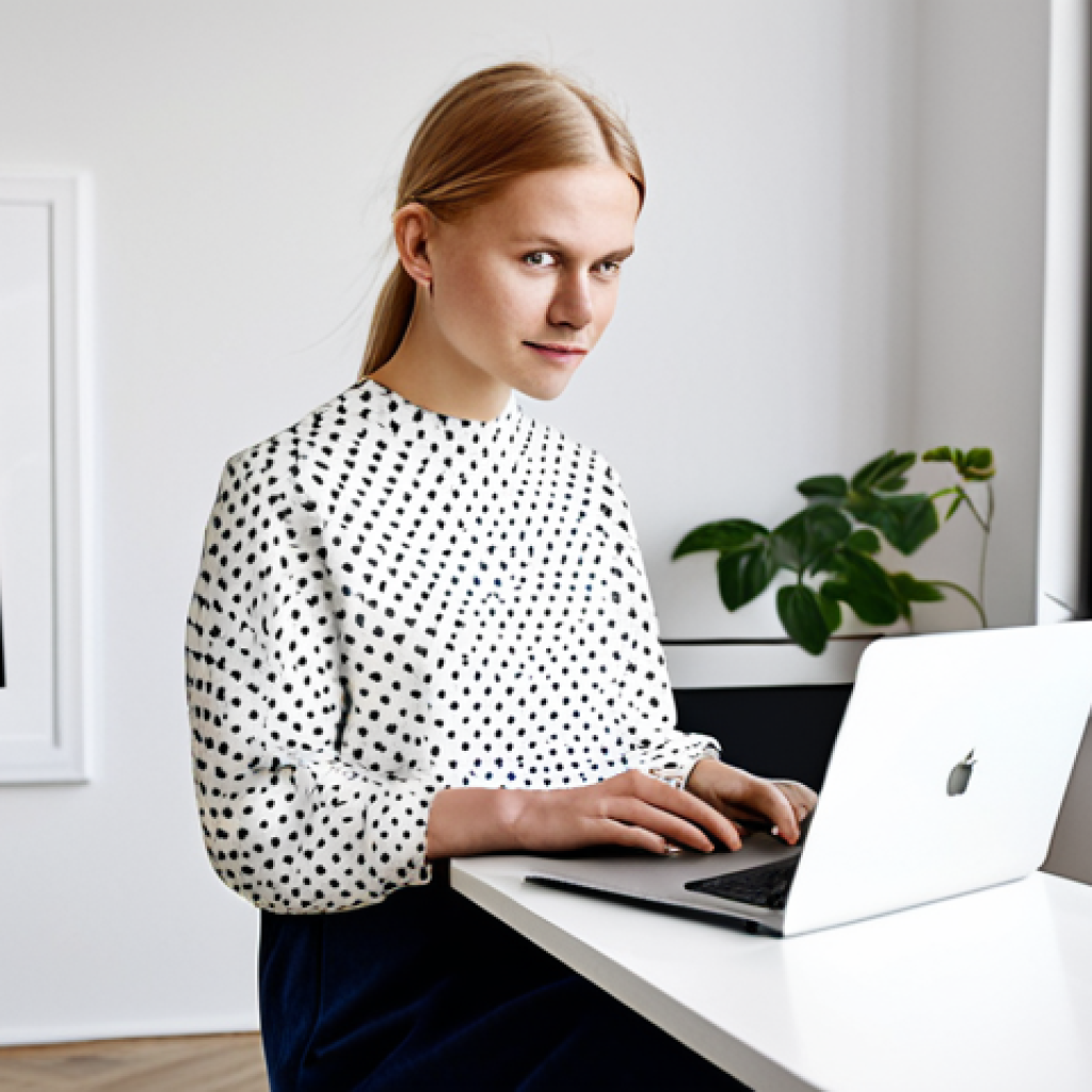 **Prompt:** "A young, professional graphic designer, fully clothed in stylish yet modest Scandinavian clothing, presenting her organized and visually appealing design portfolio on a modern laptop in a bright, minimalist Stockholm co-working space, appropriate attire, safe for work, perfect anatomy, correct proportions, natural pose, professional photography, high quality, family-friendly."