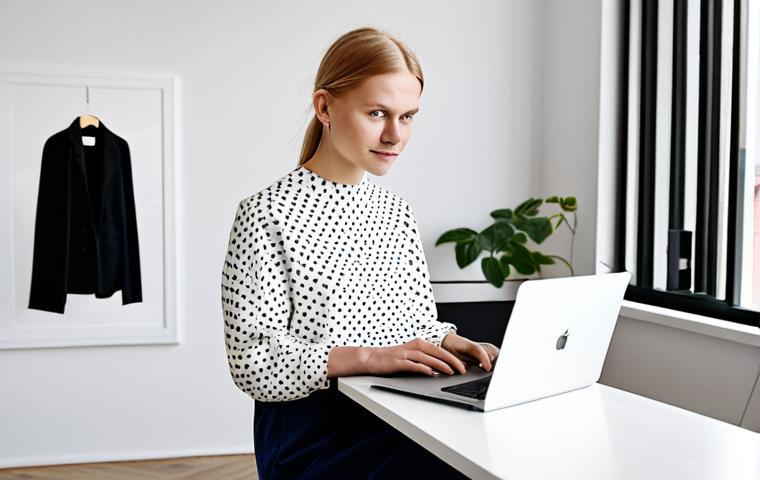 **Prompt:** "A young, professional graphic designer, fully clothed in stylish yet modest Scandinavian clothing, presenting her organized and visually appealing design portfolio on a modern laptop in a bright, minimalist Stockholm co-working space, appropriate attire, safe for work, perfect anatomy, correct proportions, natural pose, professional photography, high quality, family-friendly."