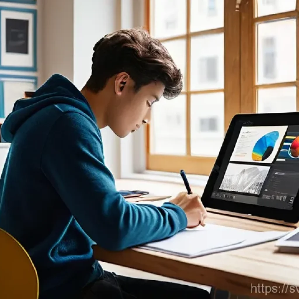 시각디자인 실기 준비법 - **Prompt:** A young graphic designer, dressed in stylish yet comfortable casual wear (like a fitted ...