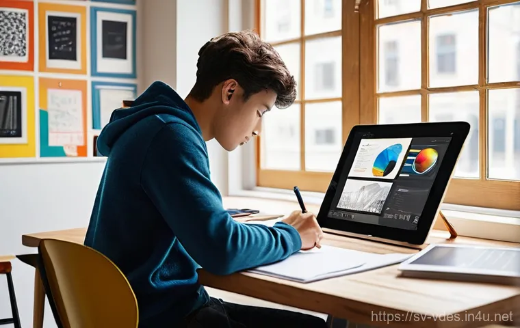 시각디자인 실기 준비법 - **Prompt:** A young graphic designer, dressed in stylish yet comfortable casual wear (like a fitted ...