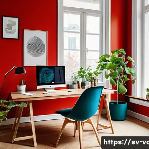 시각디자인 학습 중점과목 - A modern workspace scene showcasing a graphic designer’s desk in a bright Swedish apartment, featuri...