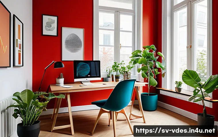 시각디자인 학습 중점과목 - A modern workspace scene showcasing a graphic designer’s desk in a bright Swedish apartment, featuri...