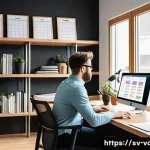 시각디자인의 커리어 성장을 위한 목표 설정 - A modern Scandinavian-style home office scene with a young professional designer seated at a sleek w...