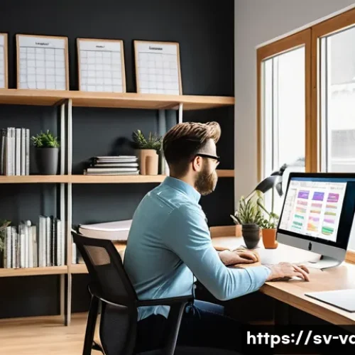 시각디자인의 커리어 성장을 위한 목표 설정 - A modern Scandinavian-style home office scene with a young professional designer seated at a sleek w...