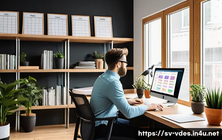 시각디자인의 커리어 성장을 위한 목표 설정 - A modern Scandinavian-style home office scene with a young professional designer seated at a sleek w...