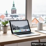 시각디자인 프리랜서로 일하기 - A Scandinavian freelance graphic designer working in a bright, minimalist home office with large win...