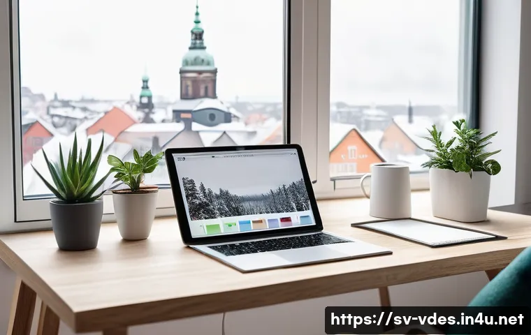 시각디자인 프리랜서로 일하기 - A Scandinavian freelance graphic designer working in a bright, minimalist home office with large win...