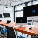 시각디자인 리더십 스킬 - A modern Scandinavian office environment with a diverse team of professionals collaborating around a...