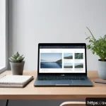 시각디자인 포트폴리오 프레젠테이션 - A modern digital portfolio workspace setup in a Scandinavian-style home office, featuring a sleek la...