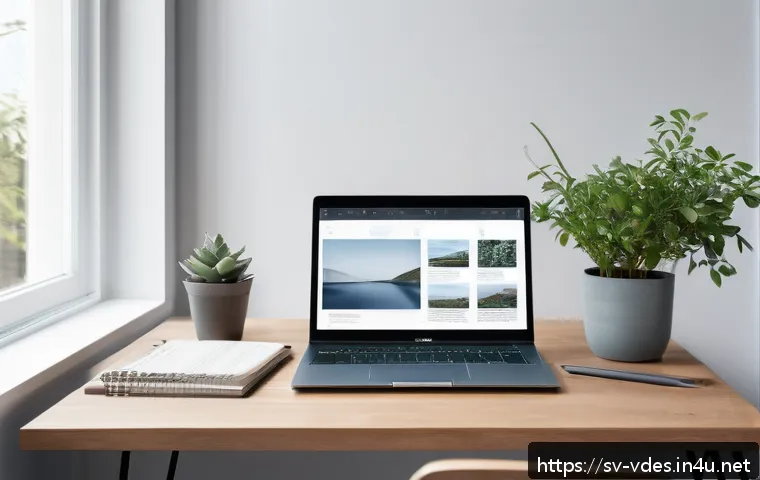 시각디자인 포트폴리오 프레젠테이션 - A modern digital portfolio workspace setup in a Scandinavian-style home office, featuring a sleek la...