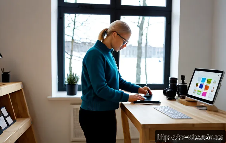 Home 31 시각디자인 업계의 전망 - Photorealistic Nordic visual designer working at a clean Scandinavian studio desk in Stockholm, arra...